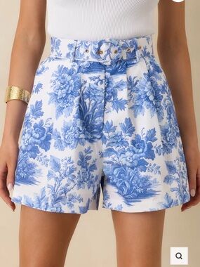 High-Waist Blue Floral Belted Women’s Shorts